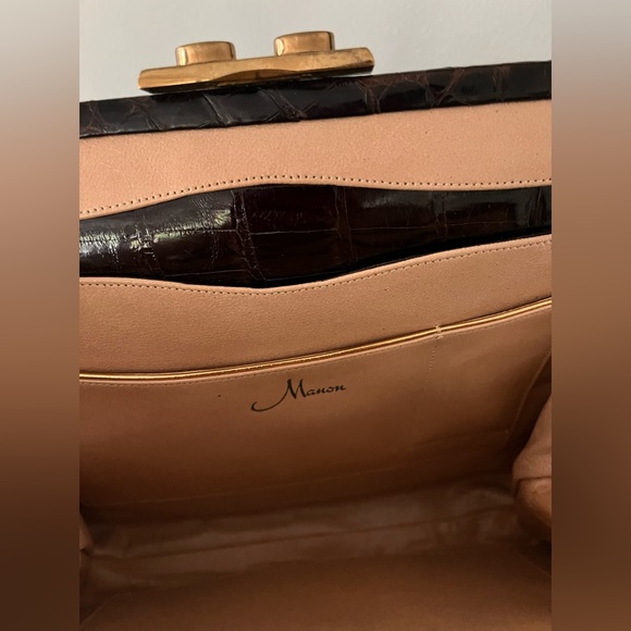 VINTAGE MANON HANDBAG GENUINE ALLIGATOR FRAME BAG DARK BROWN PURSE VTG - Picture 4 of 13